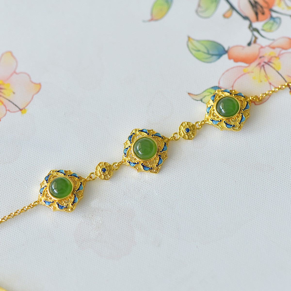S925 Silver Nephrite Jade Bangle - Flower Goddess January Plum