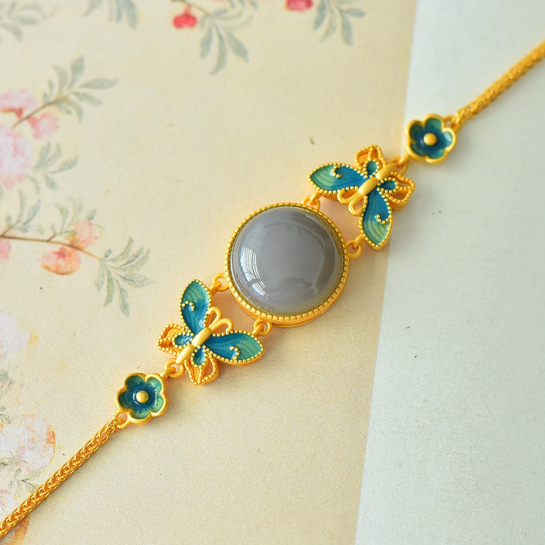 S925 Sterling Silver Smoky Jade Bangle - Butterfly Love Enamel Design