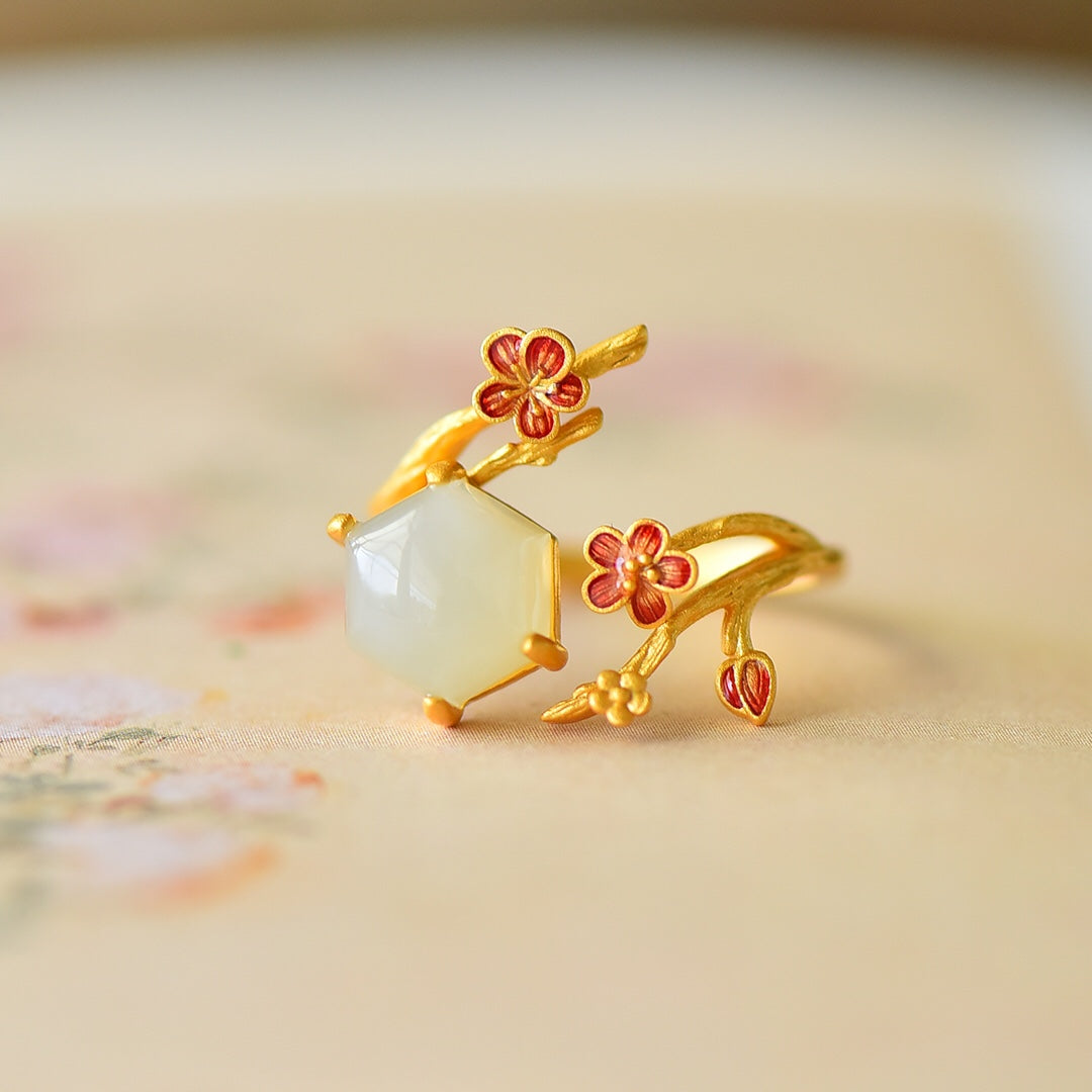 S925 Sterling Silver Ancient Method Enamel Nephrite Jade Plum Blossom Ring