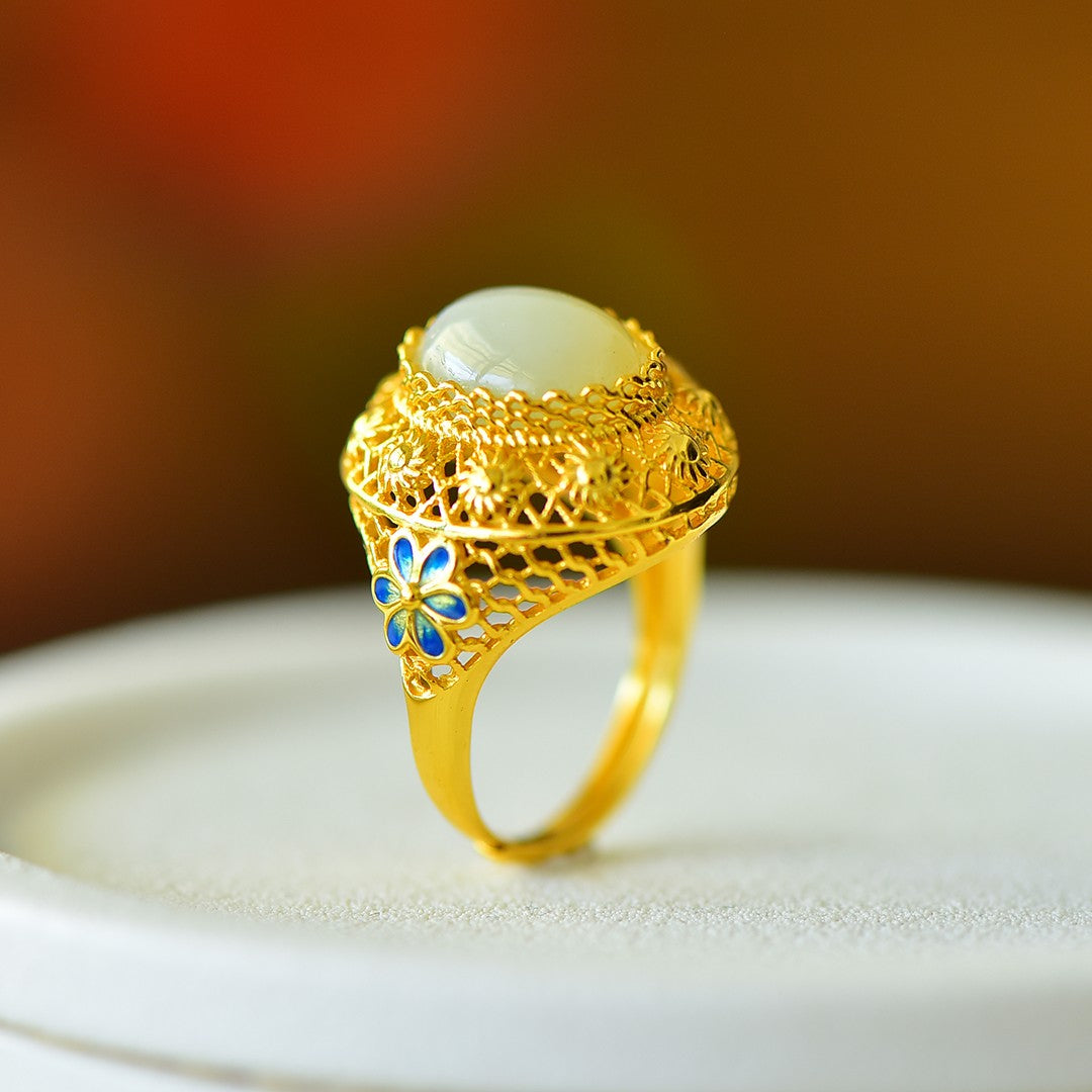 S925 Silver Enamel Nephrite Jade Flower Blossom Ring - Elegant Style