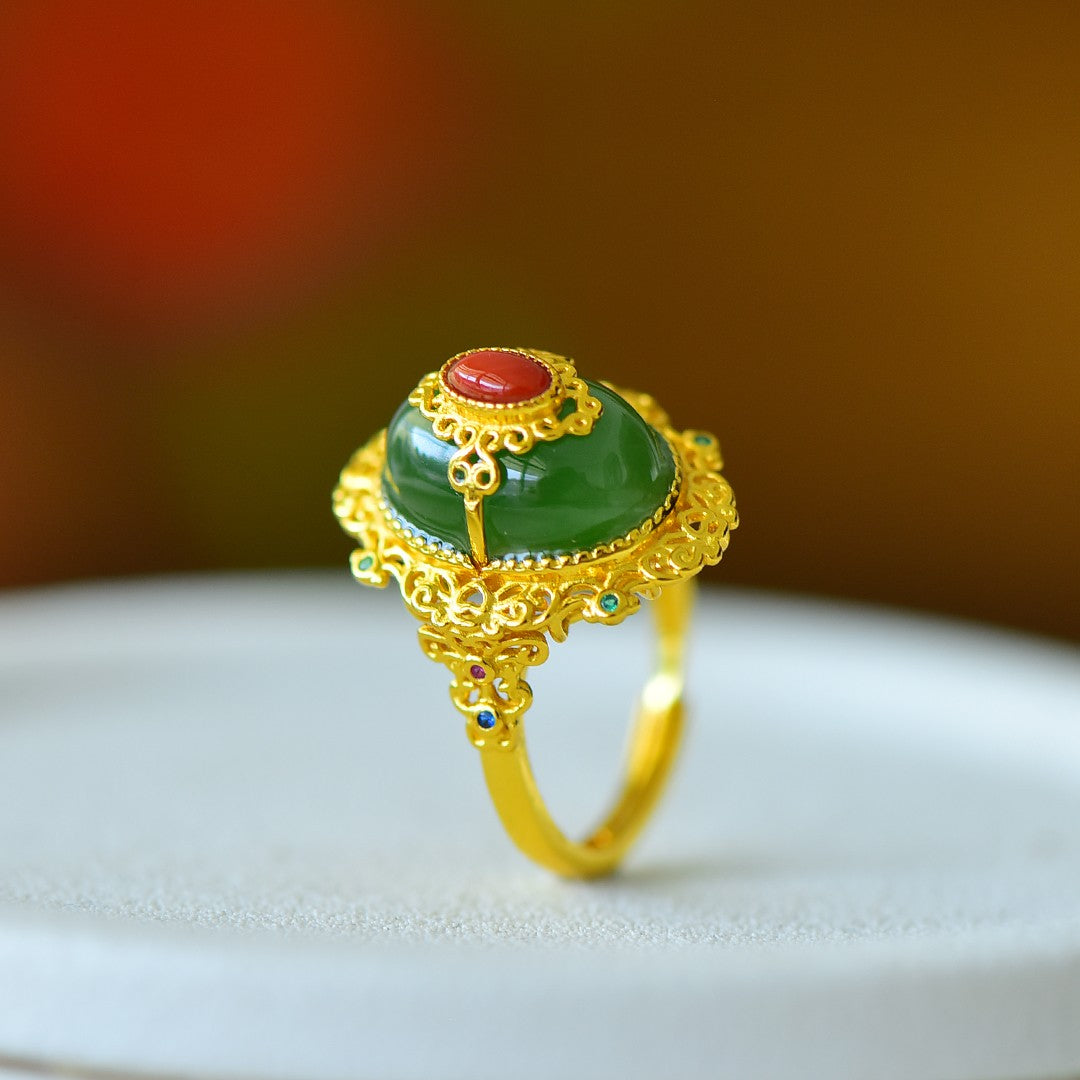 S925 Sterling Silver Nephrite Green Jade Ring - Elegant Simple Texture