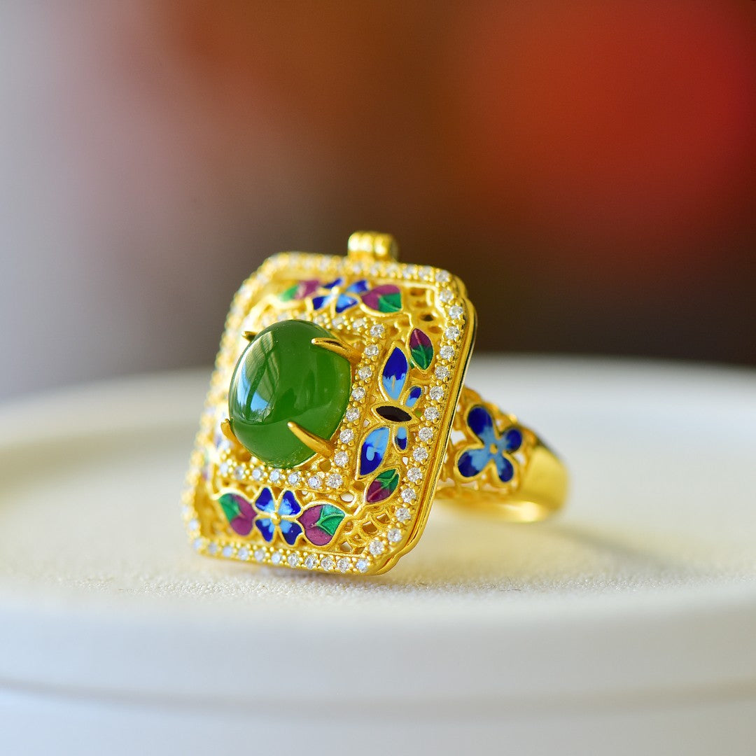 S925 Silver Nephrite Green Jade Filigree Hollow-out Sachet Ring