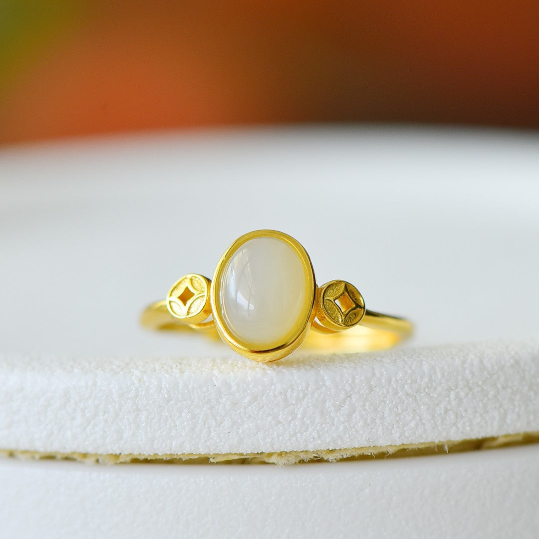 S925 Sterling Silver Nephrite Jade Prosperity Ring - Elegant Luck Jewelry