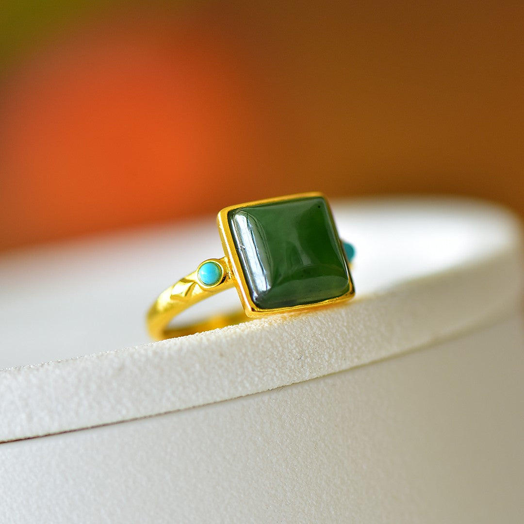 S925 Sterling Silver Nephrite Green Jade Elegant Square Ring