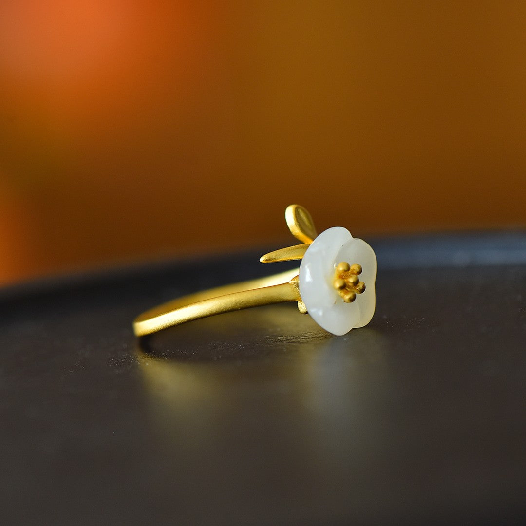 S925 Silver Nephrite Jade Five-Petal Flower Ring - Modern Fashion