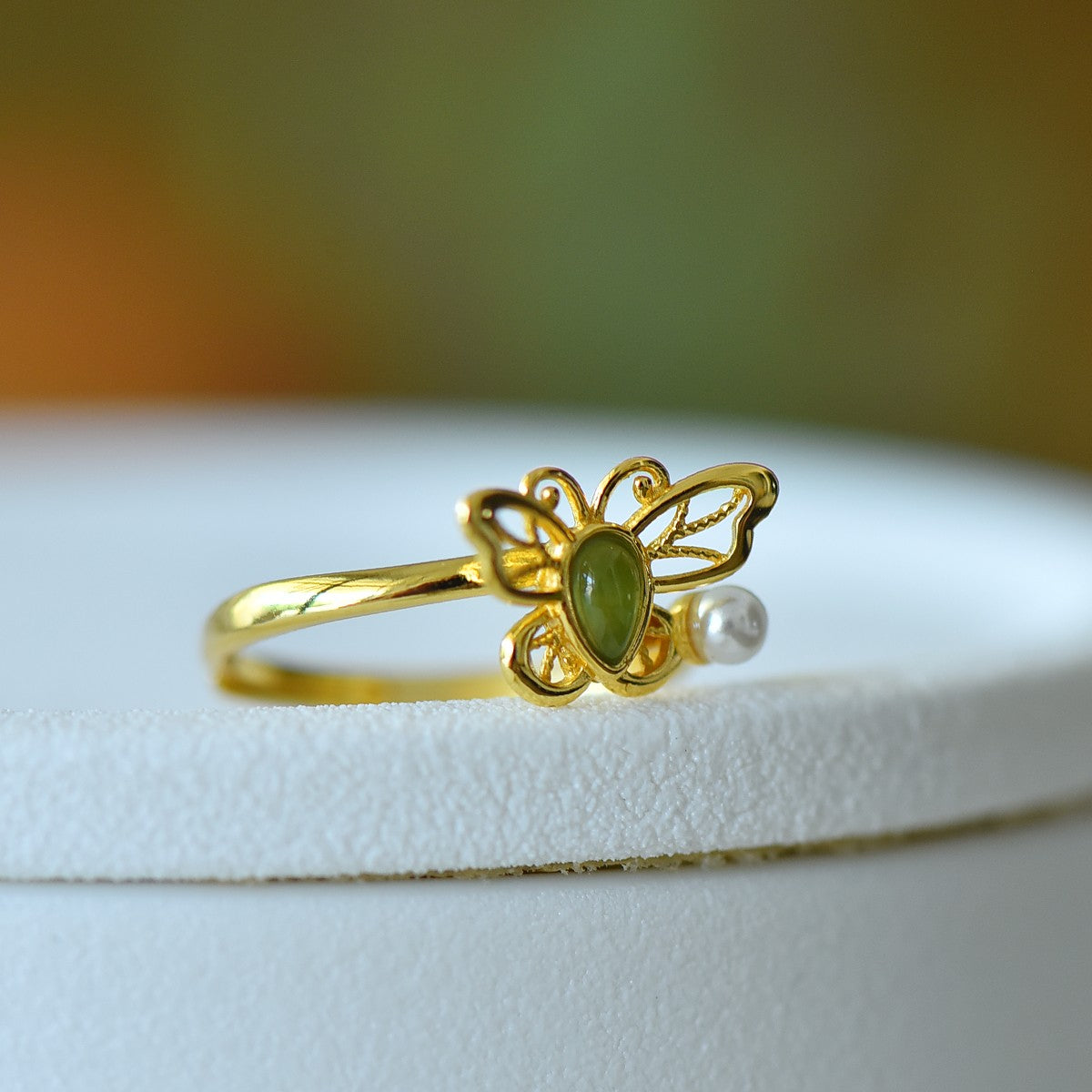 S925 Sterling Silver Nephrite Jade Butterfly Water-drop Ring