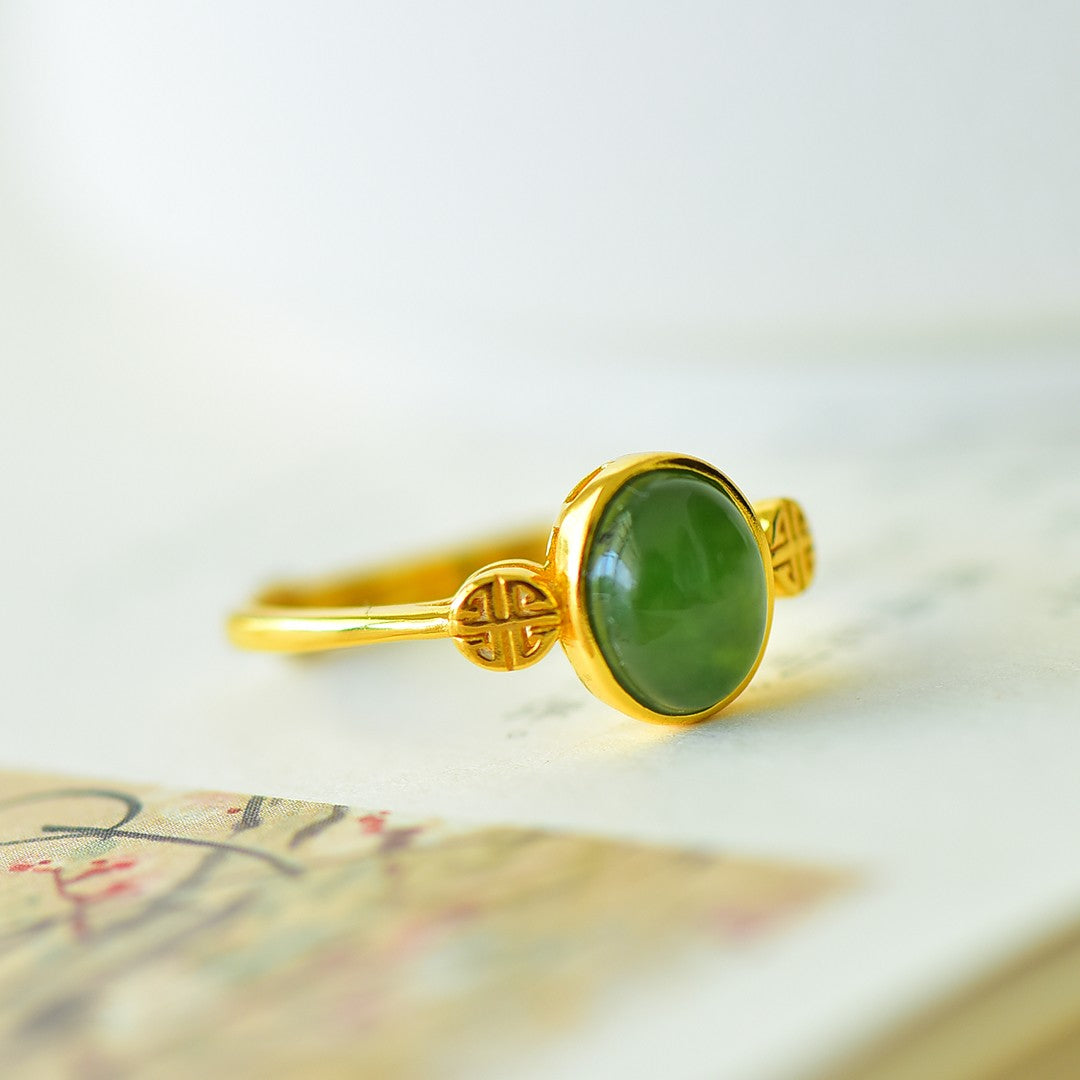 S925 Silver Nephrite Green Jade Cabochon Ring - Prosperity Design