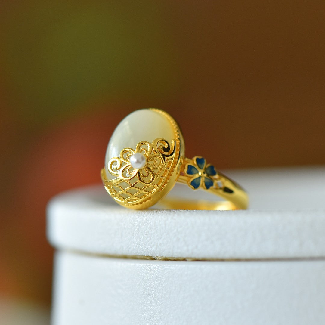 S925 Sterling Silver Enamel Nephrite Jade Cherished Ring - Ancient Style