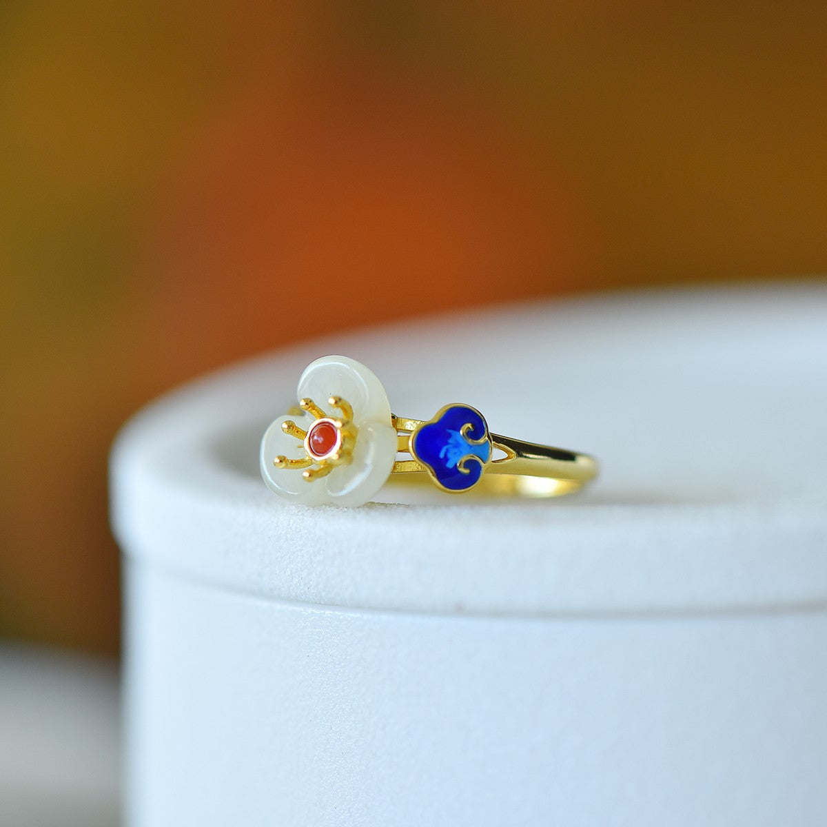 S925 Sterling Silver Nephrite Jade Five-Petal Flower Ring