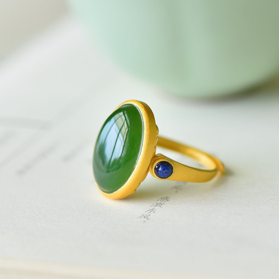 S925 Sterling Silver Nephrite Green Jade Cabochon Frosted Gold Ring