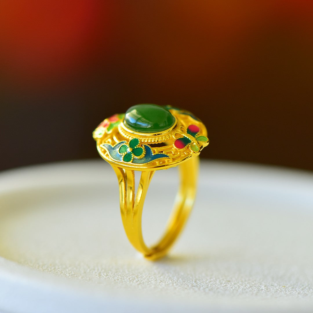 S925 Sterling Silver Enamel Nephrite Green Jade Butterfly & Flower Ring