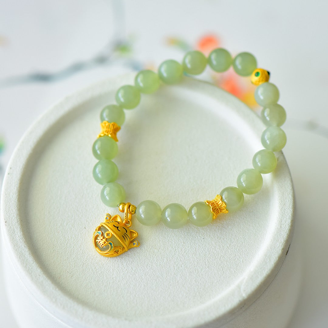 S925 Sterling Silver Nephrite Jade Bangle - Jade Rabbit & Moon Design