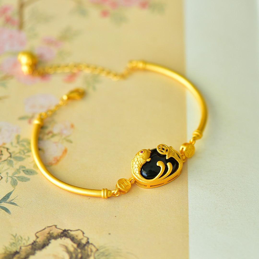 S925 Sterling Silver Black Jade Bangle - Year of Fish Fine Texture