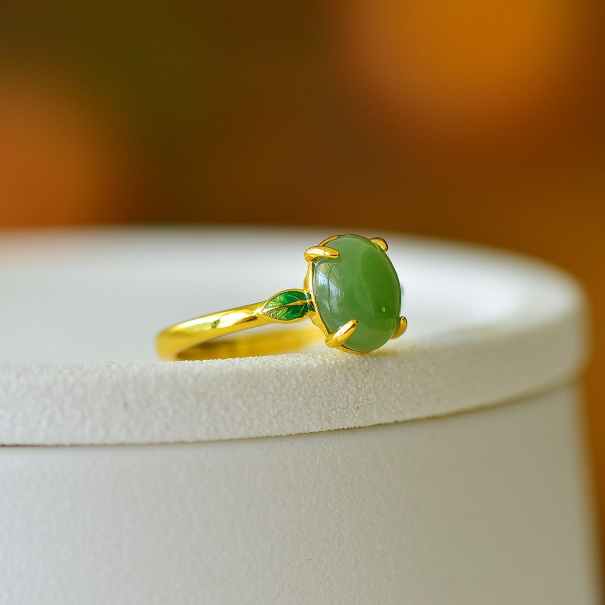 S925 Silver Enamel Nephrite Green Jade Noble Leaf Ring - Elegant Style