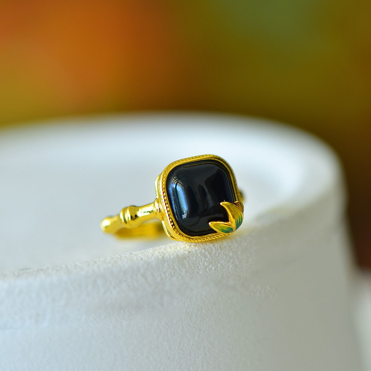 S925 Sterling Silver Nephrite Black Jade Sugar Cube Bamboo Ring