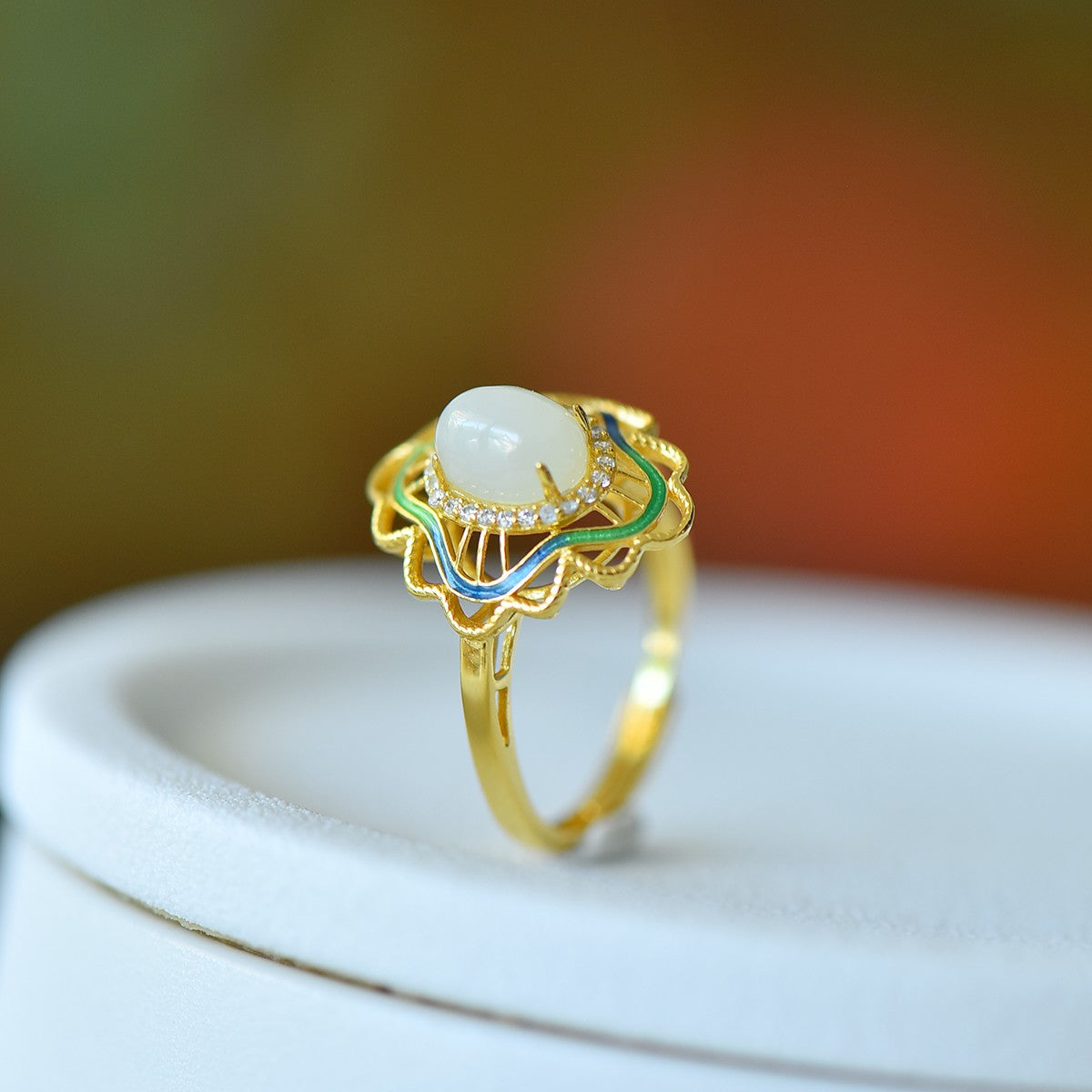 S925 Sterling Silver Nephrite Jade Filigree Hollow-out Ring