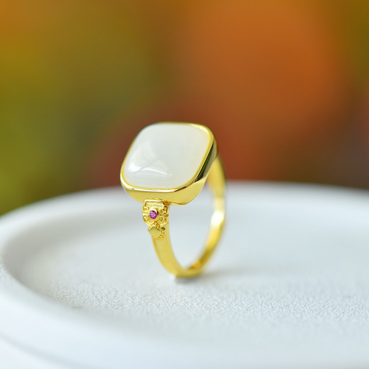 S925 Silver Nephrite Jade Sugar Cube Simple Silver Ring
