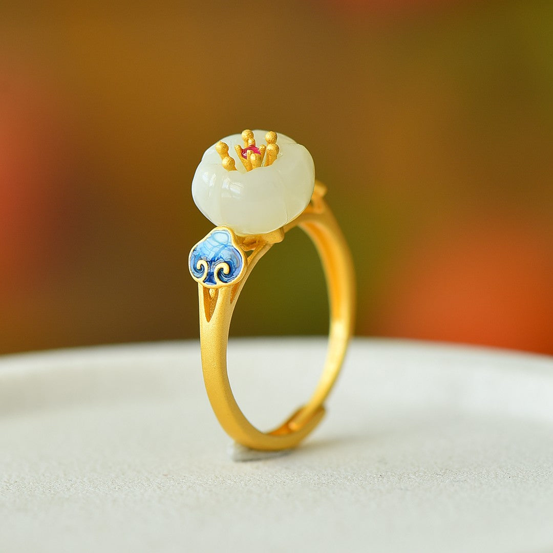 S925 Sterling Silver Enamel Nephrite White Jade Lotus & Cloud Ring