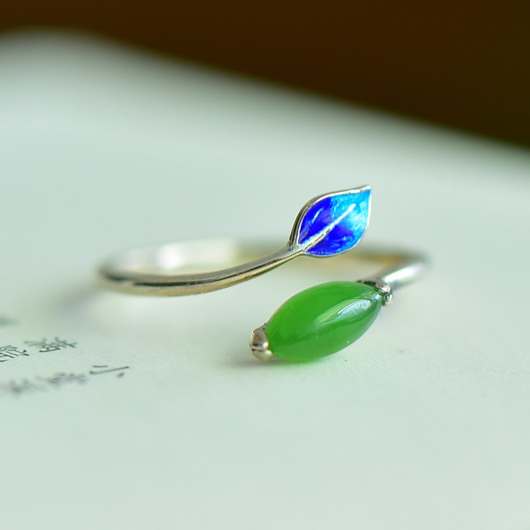 S925 Sterling Silver Enamel Nephrite Green Jade Marquise Ring
