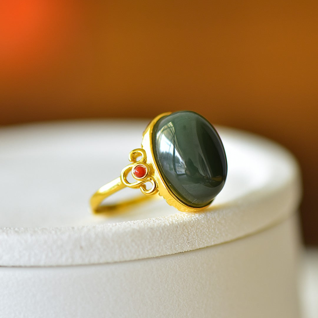 S925 Silver Nephrite Jade Auspicious Cloud Ruyi Ring - Elegant Style