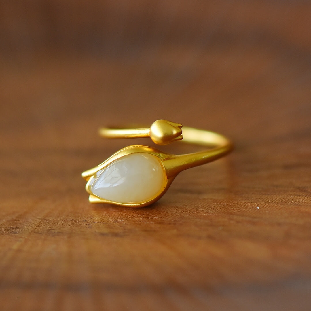 S925 Silver Nephrite Jade Rose Flower Ring - Unique Design