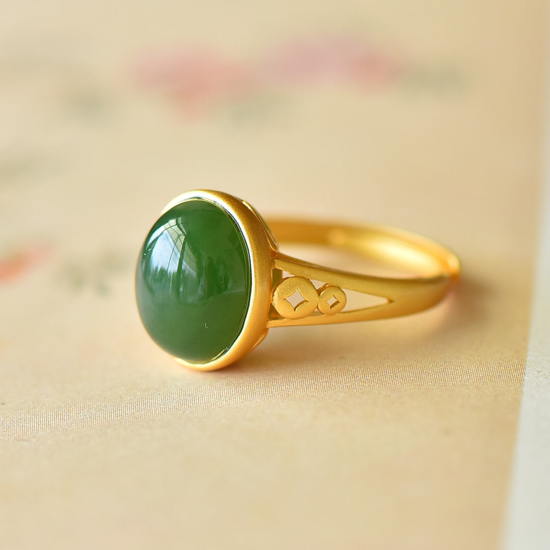 S925 Silver Nephrite Green Jade Cabochon Ring - Artisan Engraved