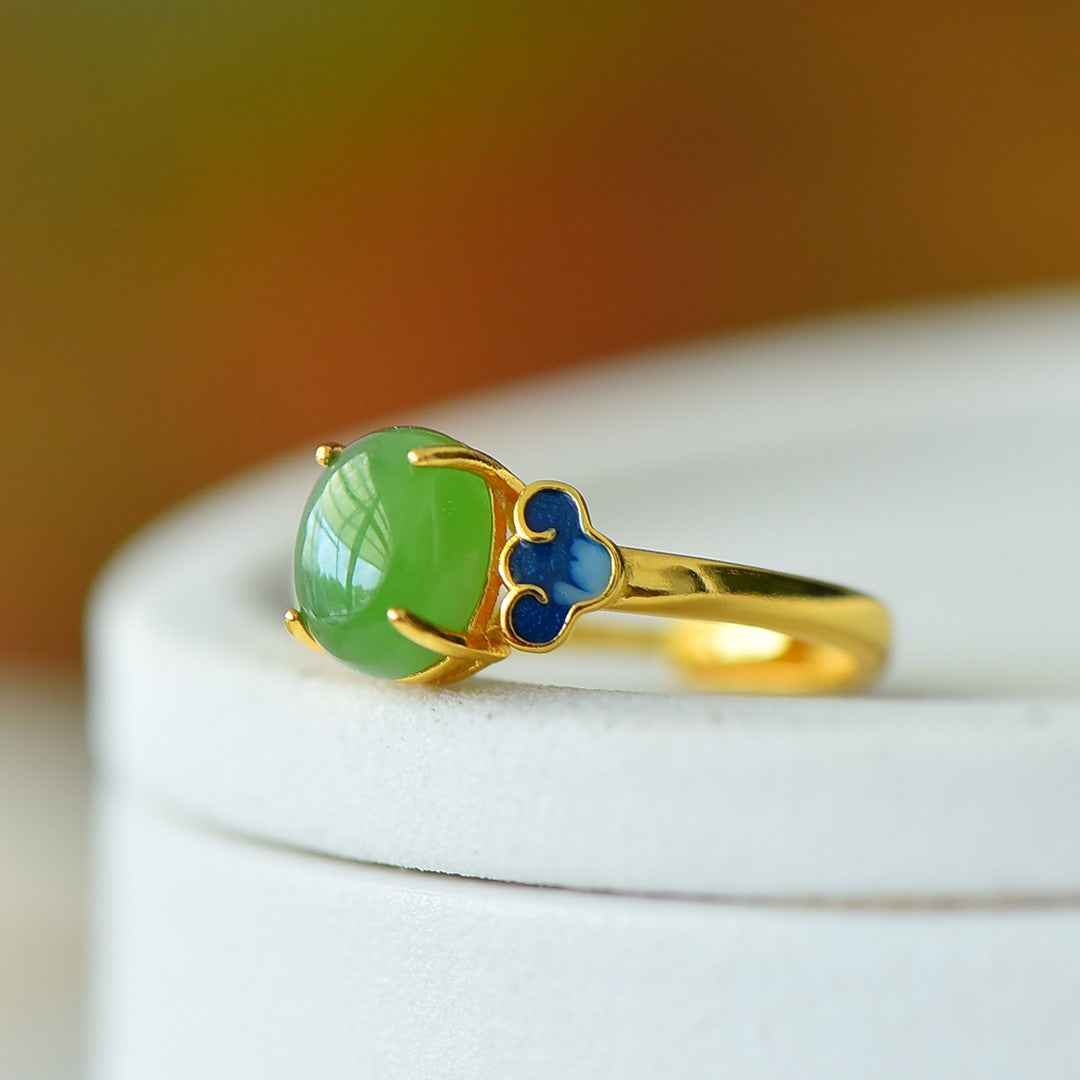 S925 Silver Nephrite Green Jade Cabochon Ring - Elegant Style