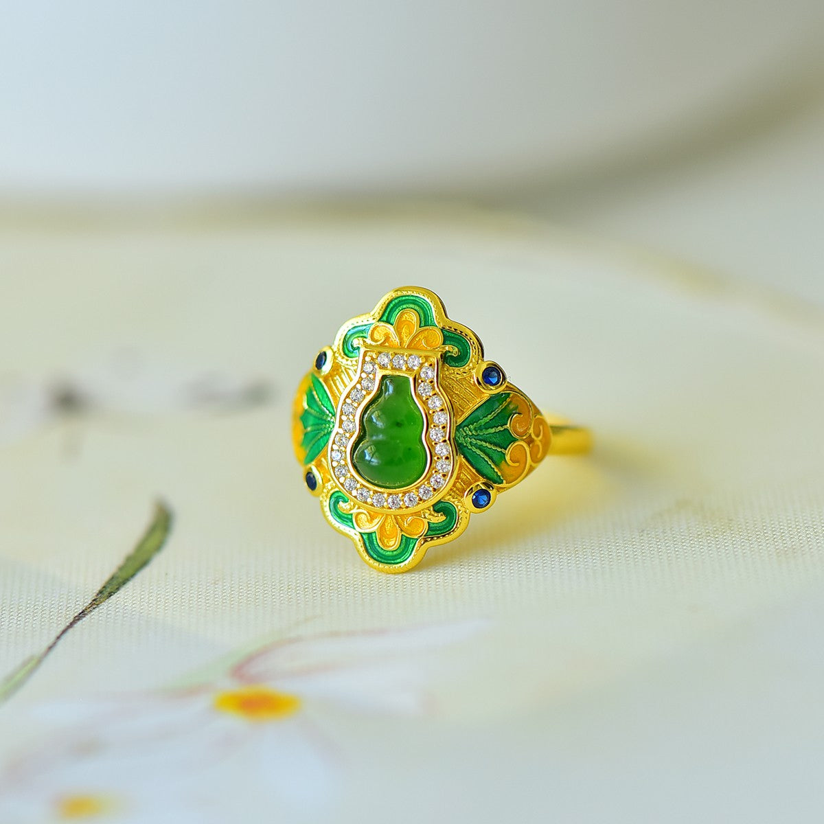 S925 Sterling Silver Nephrite Jade Full of Luck Gourd Ring