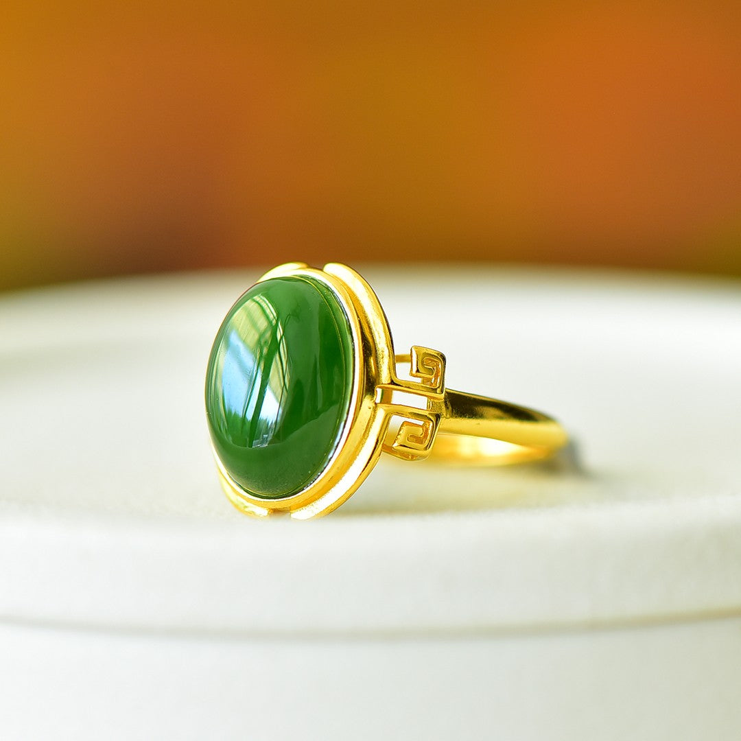 S925 Sterling Silver Nephrite Green Jade Cabochon Ring - Unique Style