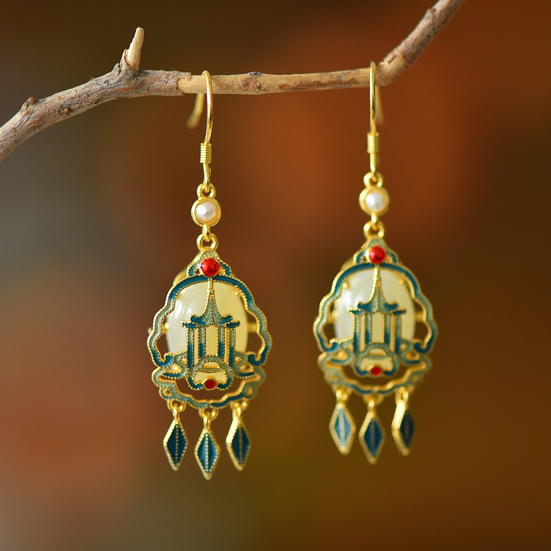S925 Sterling Silver Enamel Nephrite Jade Tassel Jewelry Set