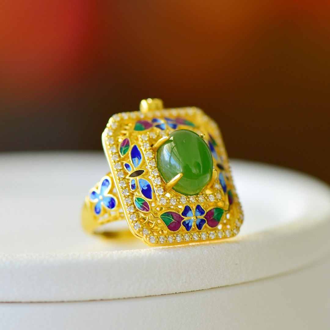 S925 Silver Nephrite Green Jade Filigree Hollow-out Sachet Ring