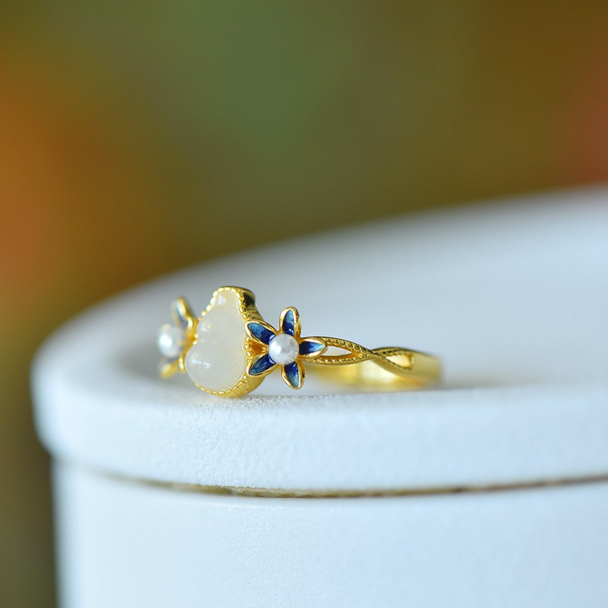 S925 Silver Nephrite Jade Gourd & Orchid Ring - Unique Style