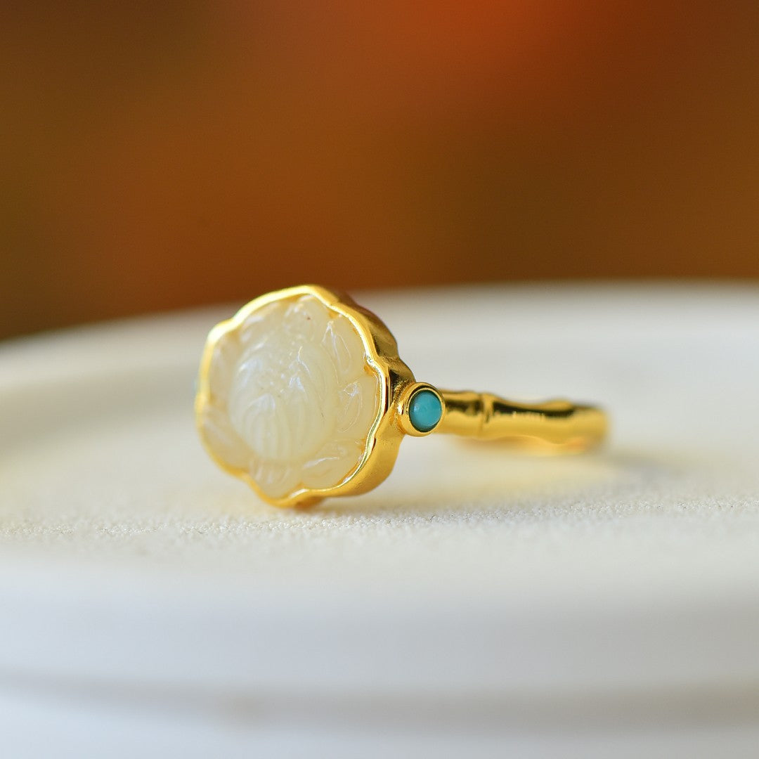S925 Silver Nephrite Jade Lotus Ruyi Ring - Elegant Style