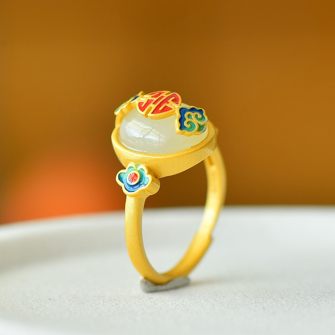 S925 Silver Enamel Nephrite Jade Cabochon Success Ring