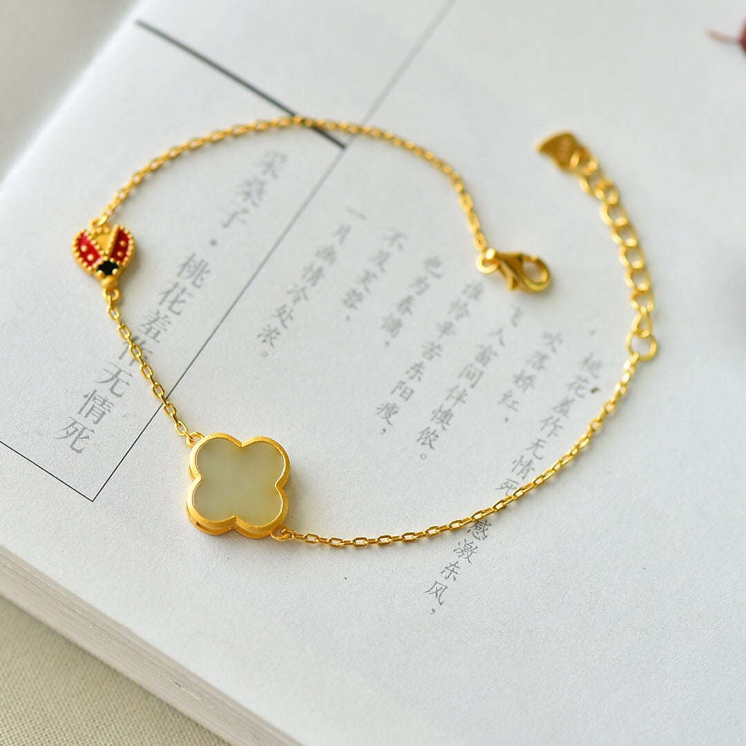 S925 Silver Enamel Nephrite Jade Bangle - Rose Flower Eight Treasures Design