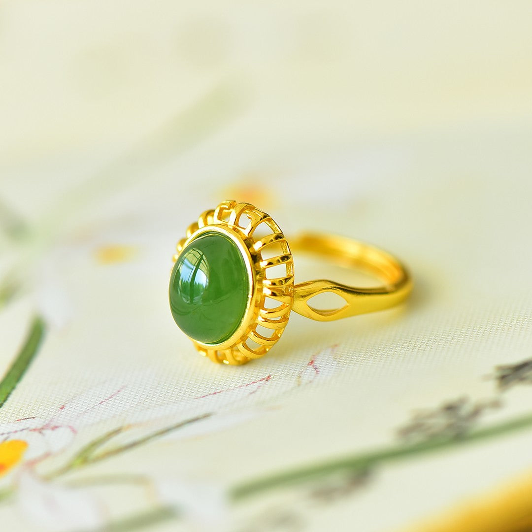 S925 Sterling Silver Enamel Nephrite Jade Cabochon Ring - Modern Style