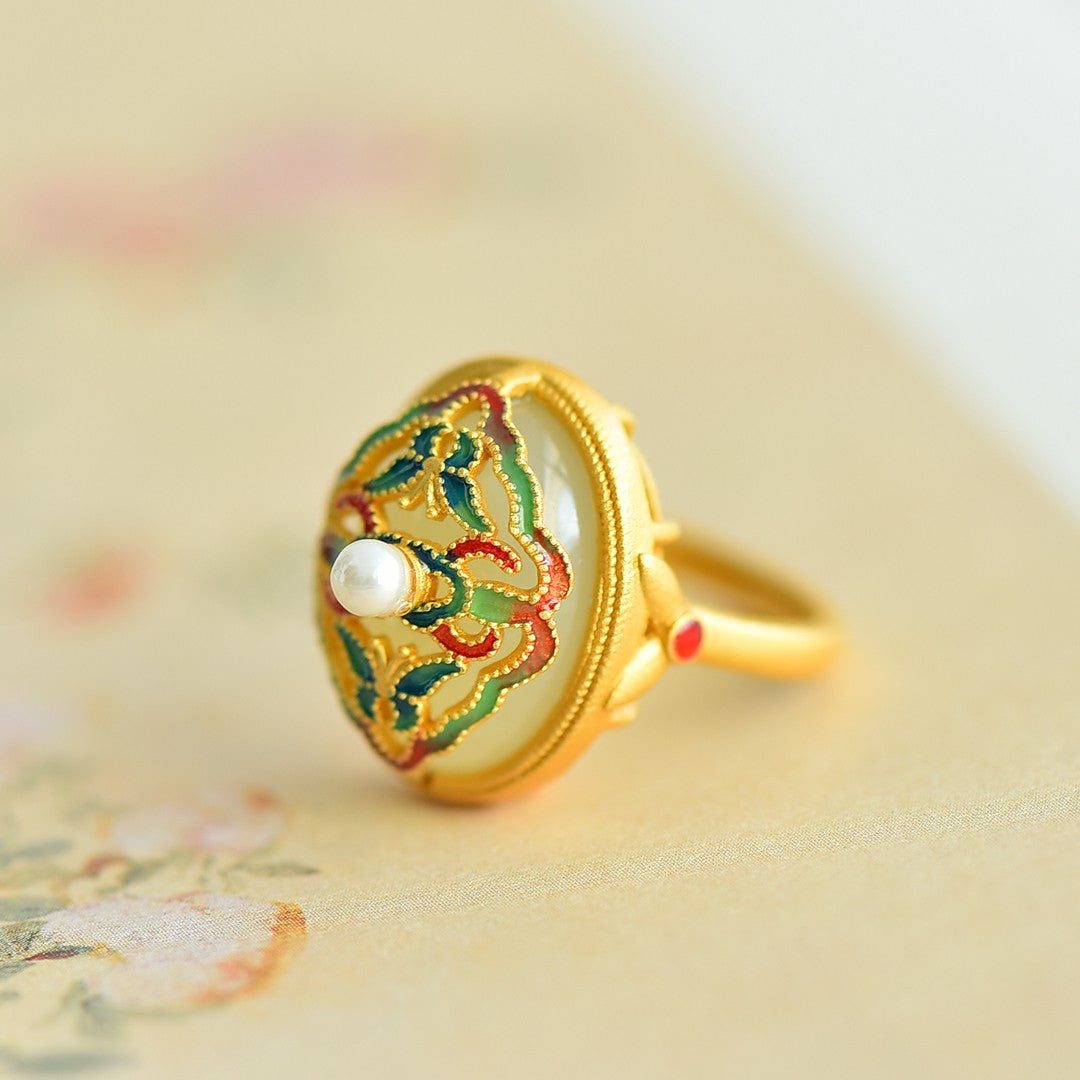 S925 Silver Enamel Nephrite Jade Butterfly & Pearl Ring