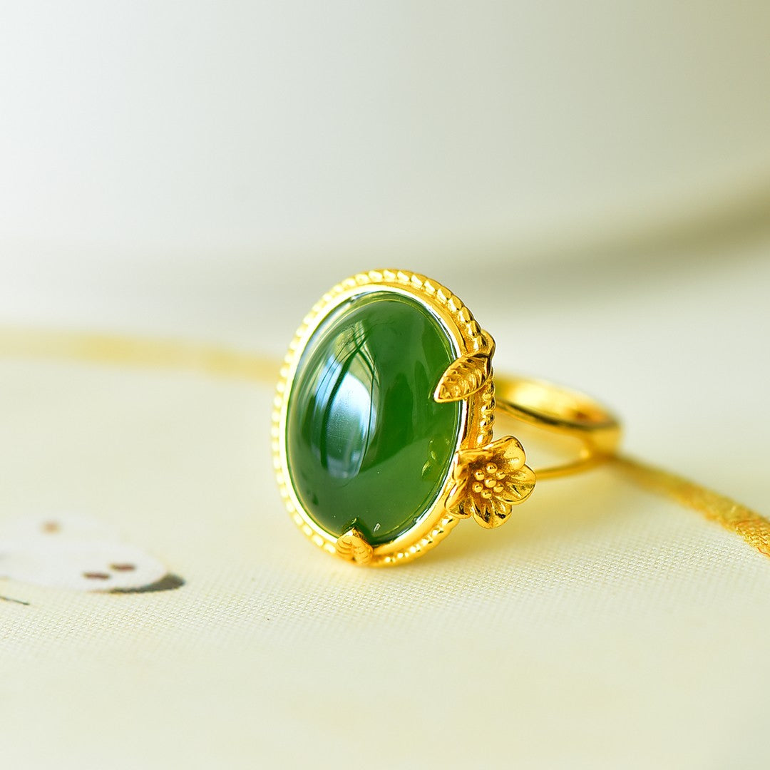 S925 Silver Nephrite Green Jade Prosperity Ring - Success Motif