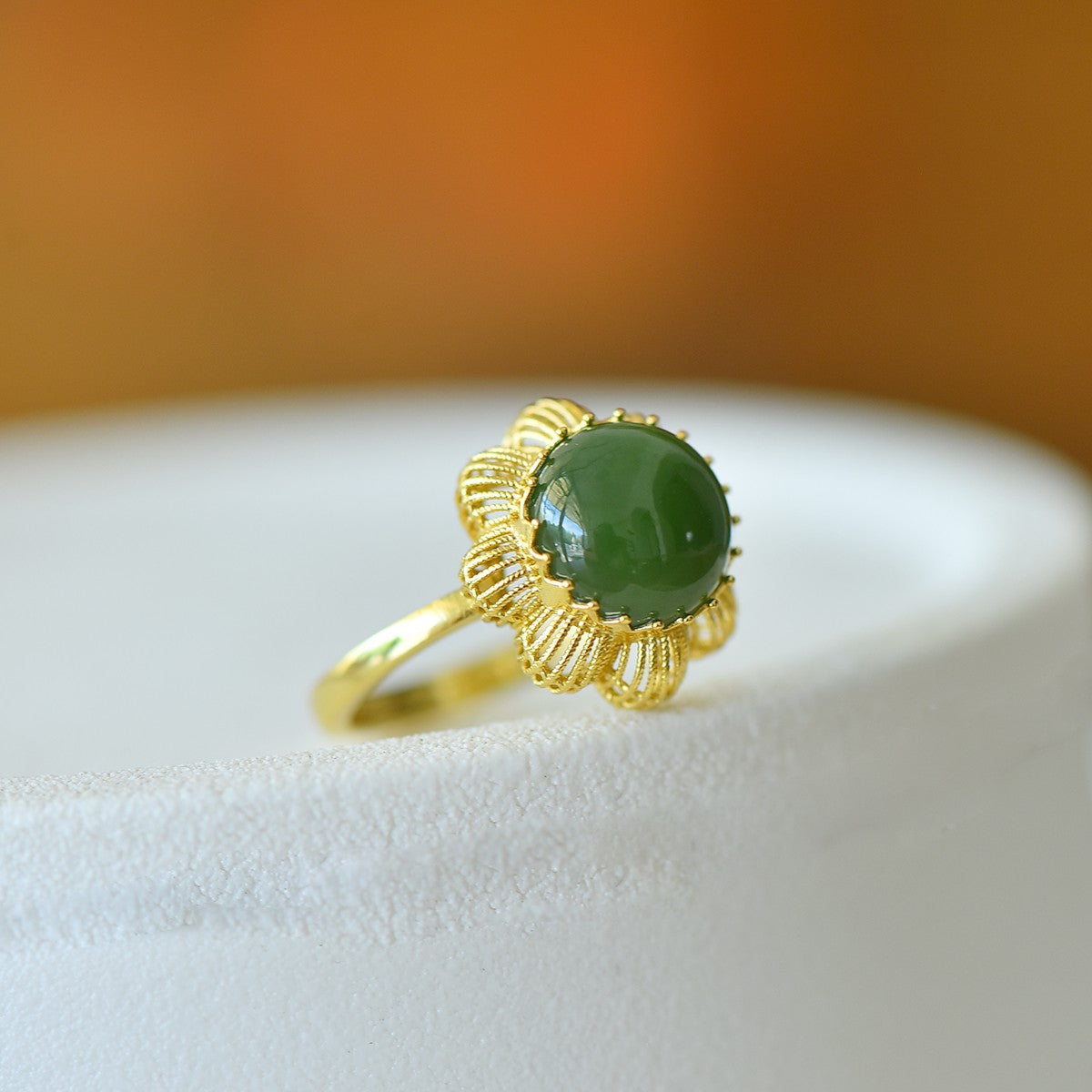 S925 Silver Nephrite Jade Cabochon Hollow-out Ring - Unique Design