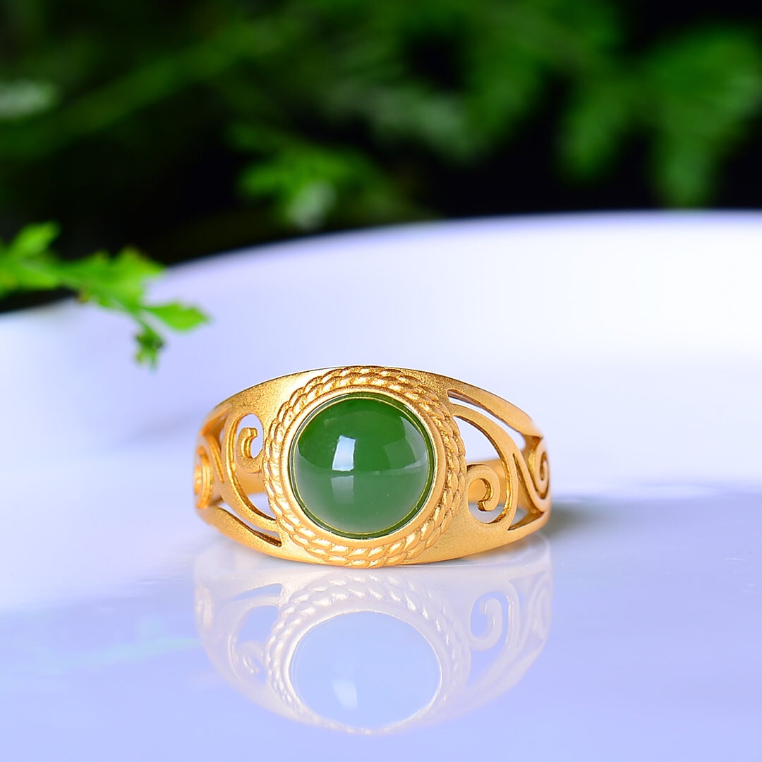 S925 Silver Nephrite Green Jade Frosted Cabochon Ring - Elegant Style