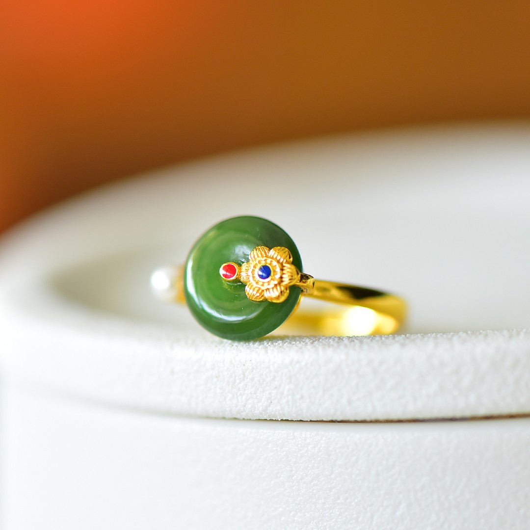 S925 Silver Nephrite Green Jade Peace & Joy Buckle Ring
