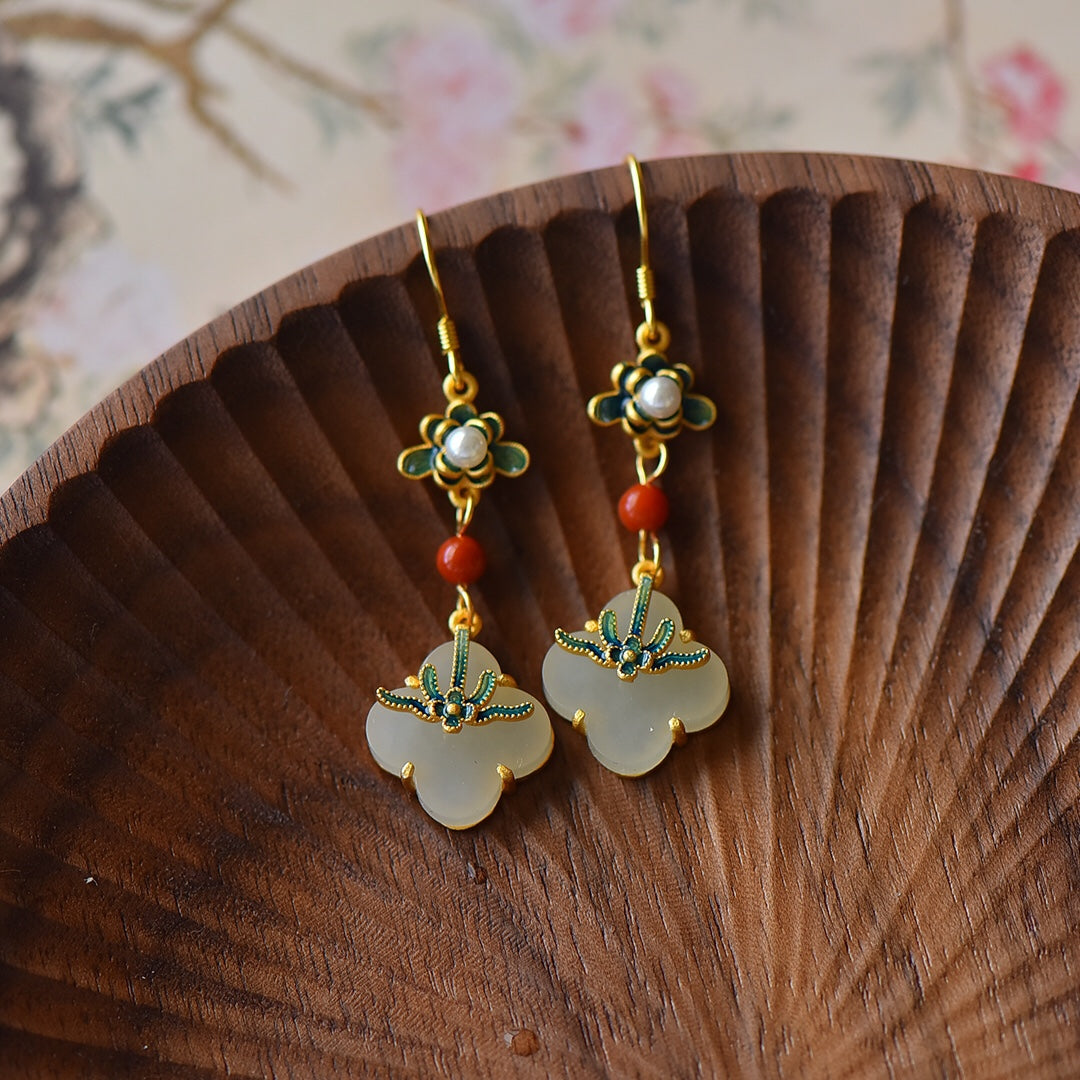S925 Silver Nephrite Jade Orchid Clover Jewelry Set - Luck Collection