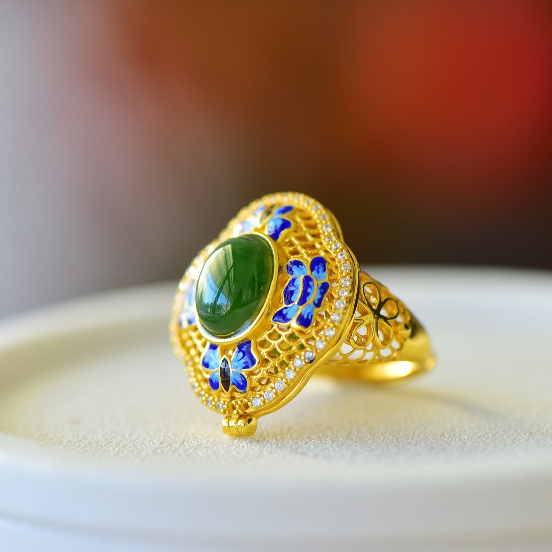 S925 Silver Nephrite Green Jade Butterfly Filigree Hollow-out Ring