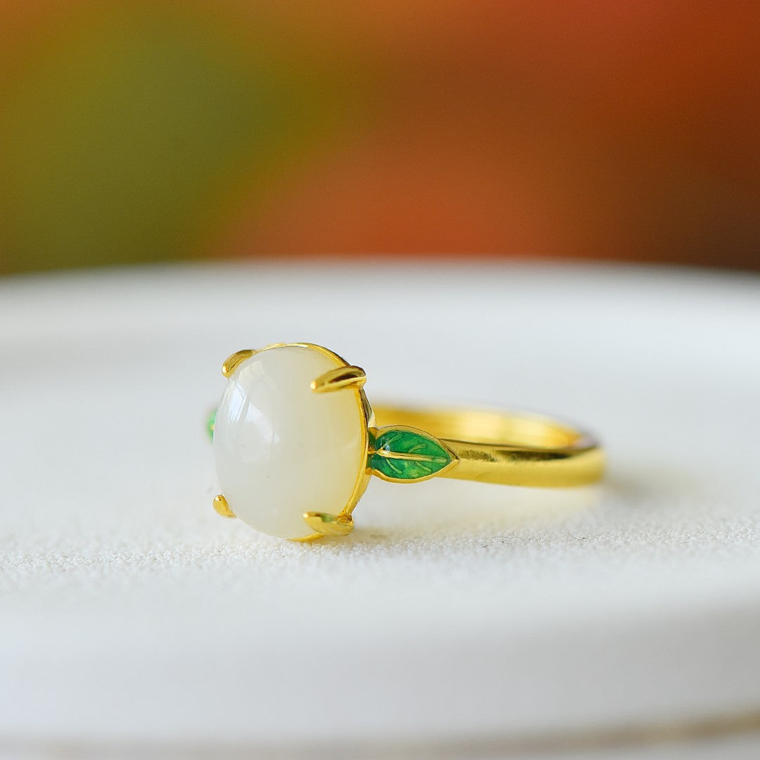 S925 Silver Enamel Nephrite Jade Noble Leaf Ring - Elegant Blossom