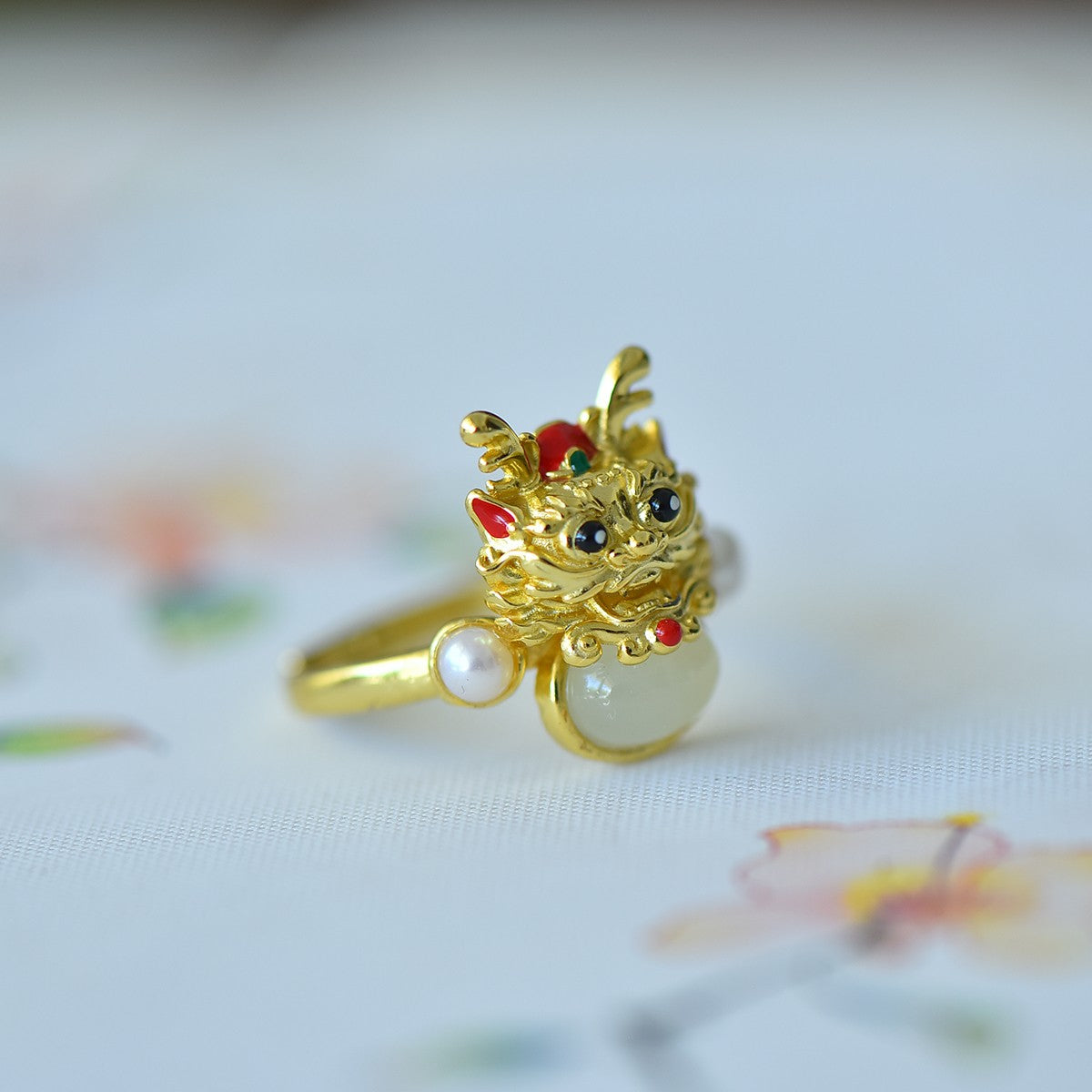 S925 Sterling Silver Nephrite Jade Dragon Cabochon Ring - Unique Style