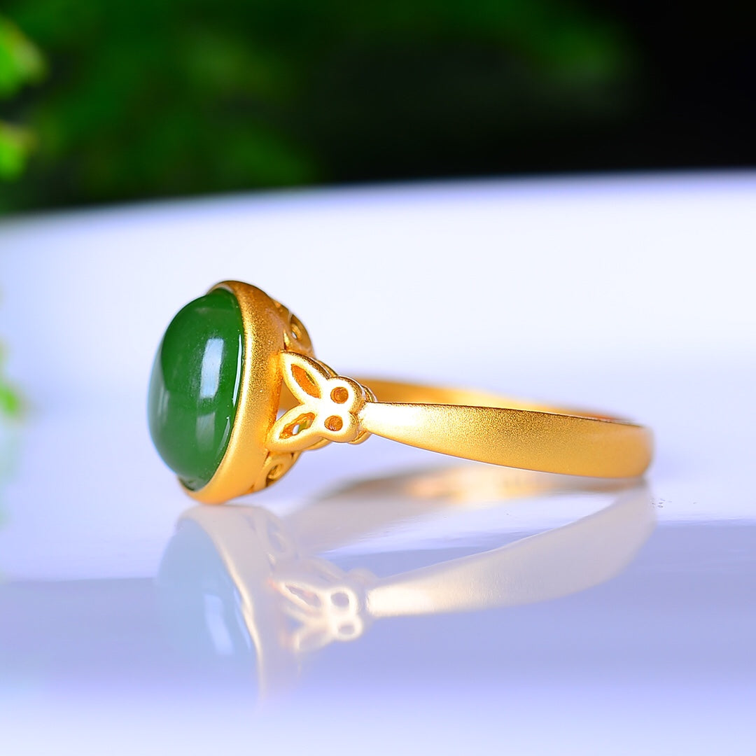 S925 Silver Enamel Nephrite Jade Cabochon Ring - Ancient Method Gold