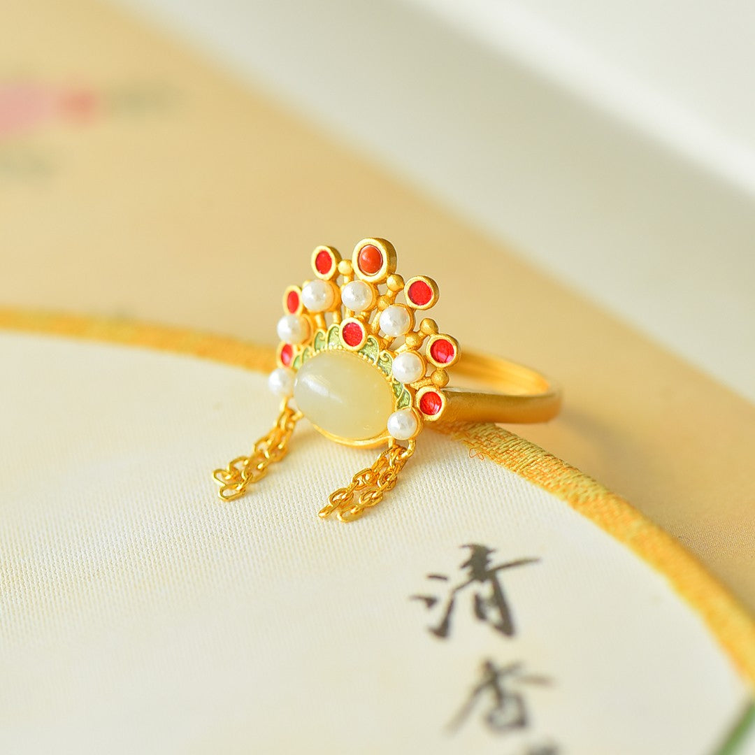 S925 Sterling Silver Nephrite Jade Phoenix Crown Ring - Elegant Style