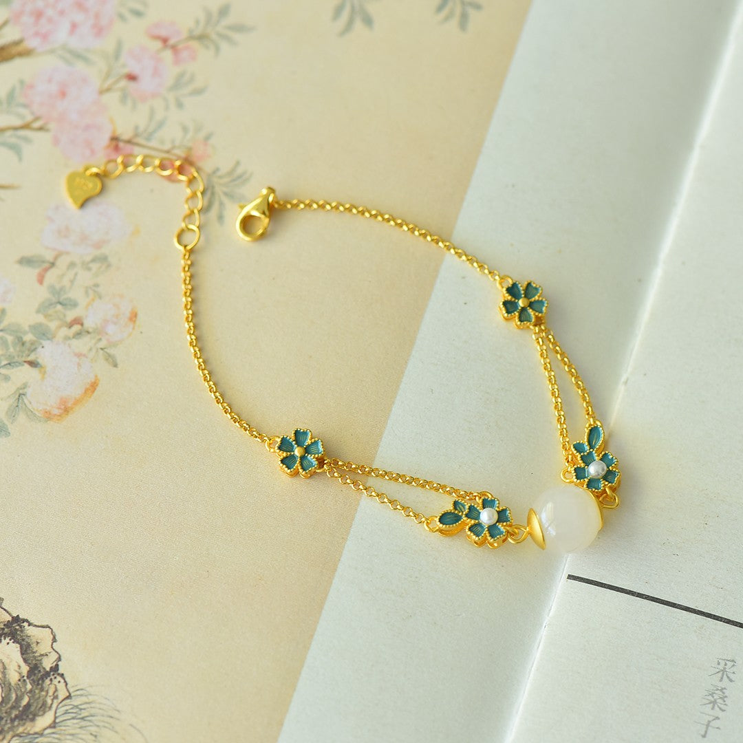 S925 Sterling Silver Nephrite Jade Summer Flower Jewelry Set