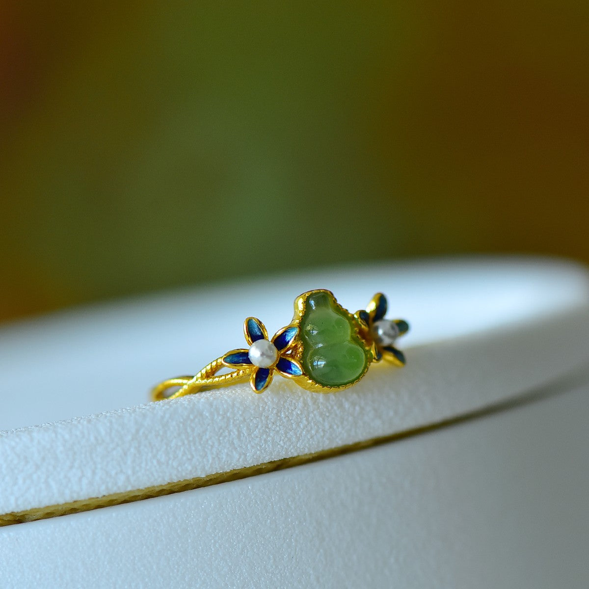 S925 Silver Nephrite Jade Gourd & Orchid Ring - Unique Design