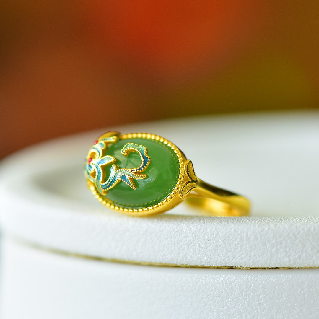 S925 Silver Nephrite Green Jade Orchid Ring - Noble Blossom Design